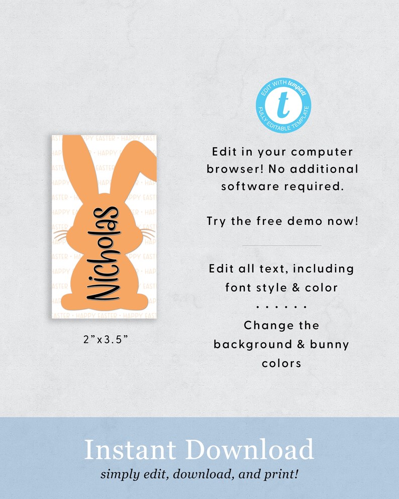 Easter Basket Tags, Personalized Easter Basket Tags, Printable Easter Basket Name Tags, Editable Easter Tag, Instant Download, Templett EAS image 2