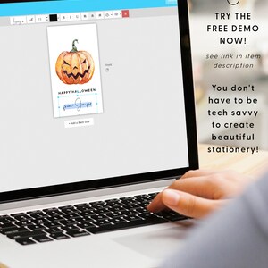 May include: A digital design template for a Halloween card featuring a watercolor illustration of a jack-o'-lantern with the text "Happy Halloween" and a space for a personalized message.