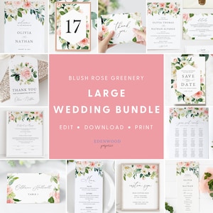 Blush Rose Wedding Template Bundle, Pink Floral Wedding Invitation Set, Printable Wedding Suite Download, Wedding Sign Bundle Templett, 013 image 1