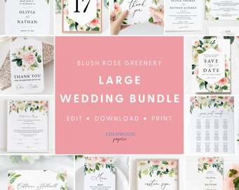 Blush Rose Wedding Template Bundle, Pink Floral Wedding Invitation Set, Printable Wedding Suite Download, Wedding Sign Bundle Templett, #013