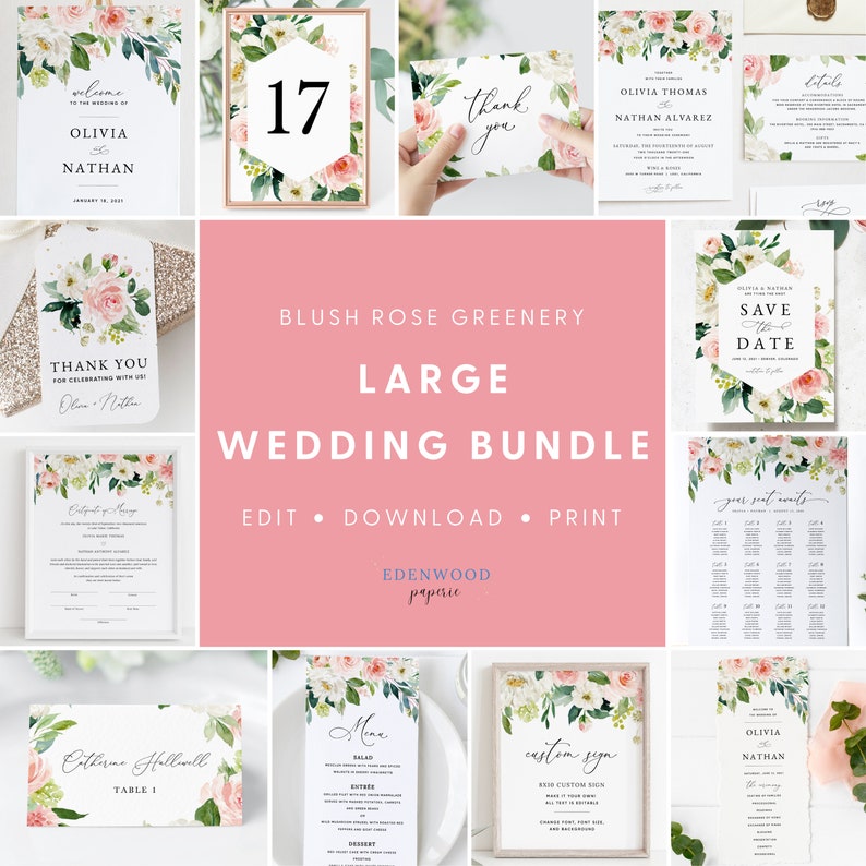 Blush Rose Wedding Template Bundle, Pink Floral Wedding Invitation Set, Printable Wedding Suite Download, Wedding Sign Bundle Templett, 013 image 1