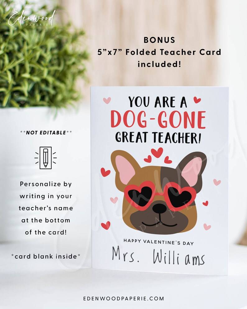 Op de afbeelding: Een Valentijnskaart met een cartoonhond die een hartvormige zonnebril draagt. De kaart staat "You are a dog-gone great teacher!" en "Happy Valentine's Day". De tekst "Mrs. Williams" staat onderaan de kaart.