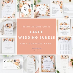 Autumn Wedding Template Bundle, Fall Wedding Invitation Set, Printable Wedding Suite Download, Editable Wedding Bundle, Templett, #010