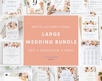 Autumn Wedding Template Bundle, Fall Wedding Invitation Set, Printable Wedding Suite Download, Editable Wedding Bundle, Templett, #010
