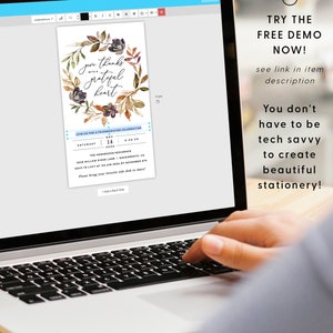 May include: A digital mockup of a Thanksgiving invitation with a watercolor wreath of fall leaves and berries. The text reads "give thanks with a grateful heart". The invitation includes the date, time, and location of the event. The text "TRY THE FREE DEMO NOW!" is displayed above the invitation.