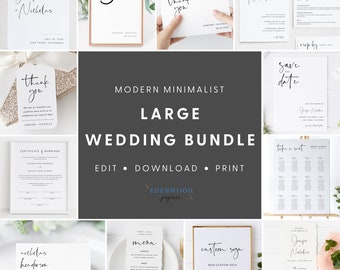 May include: A collage of printable wedding stationery templates in a modern minimalist style. The templates include a welcome sign, table number, thank you card, save the date card, seating chart, menu, and a custom sign. The text on the templates includes the names "Jennifer" and "Nicholas".