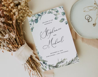 Gefaltete Eukalyptus Hochzeit Programm, Boho Greenery Hochzeitszeremonie Programmvorlage, druckbare gefaltete Hochzeitsprogramme, Templett, #007