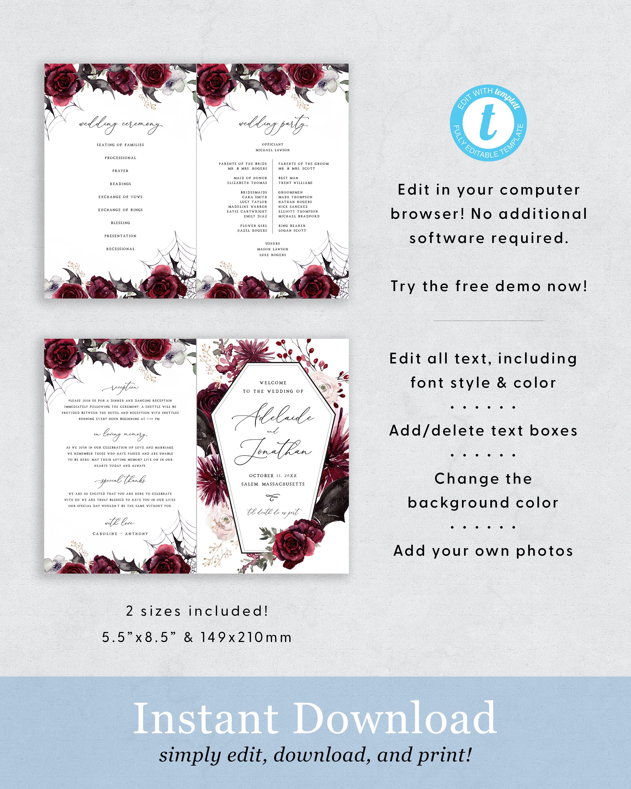 Folded Gothic Wedding Program Template, Halloween Wedding Ceremony ...