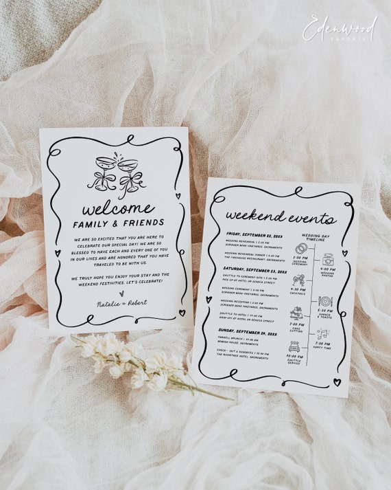 Hand Drawn Wedding Welcome Bag Letter & Timeline Template, Handwritten Wedding Events Timeline, Printable Wedding Guest Note, Templett, #029