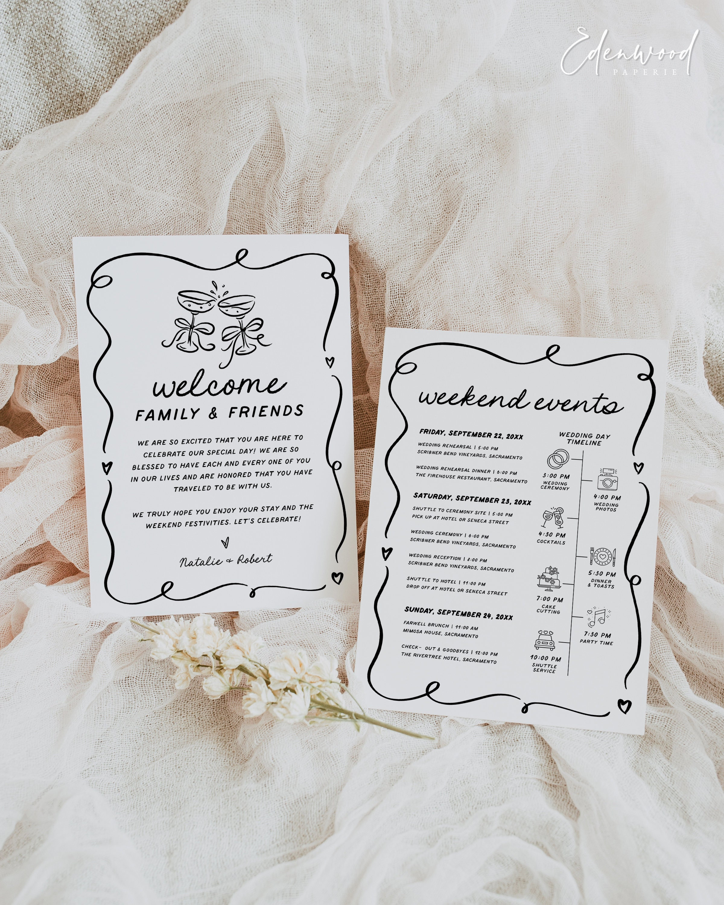 Hand Drawn Wedding Welcome Bag Letter & Timeline Template, Handwritten Wedding Events Timeline, Printable Wedding Guest Note, Templett, #029