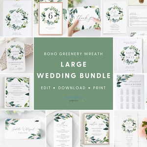 Boho Greenery Wedding Template Bundle, Boho Wedding Invitation Set, Printable Wedding Suite Download, Wedding Sign Bundle, Templett, #011