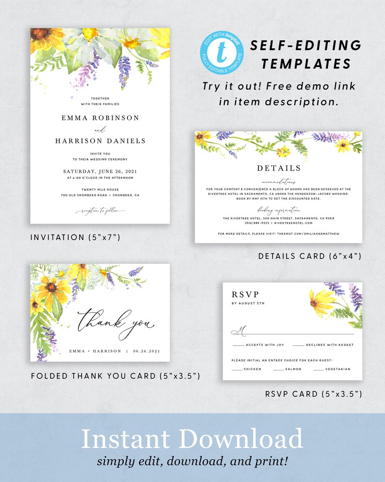 Wildflower Wedding Invitation Template Set, Greenery Wedding Invitation Suite, Printable Wedding Invitation Download, Templett, 014 image 2