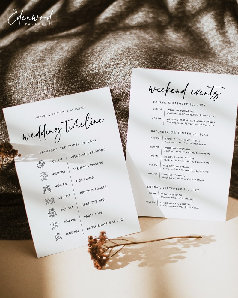 May include: A wedding timeline with a white background and black text. The timeline includes the wedding ceremony, photos, cocktails, dinner and toasts, cake cutting, party time, and hotel shuttle service. The wedding is scheduled for Saturday, September 23, 20XX.