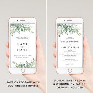 May include: A digital save the date and wedding invitation with a watercolor eucalyptus design. The text reads "Save the Date" and "Grace & Harrison are getting married" on the save the date card. The wedding invitation reads "Grace Dawson & Harrison Ellis" and includes the date and location of the wedding ceremony.