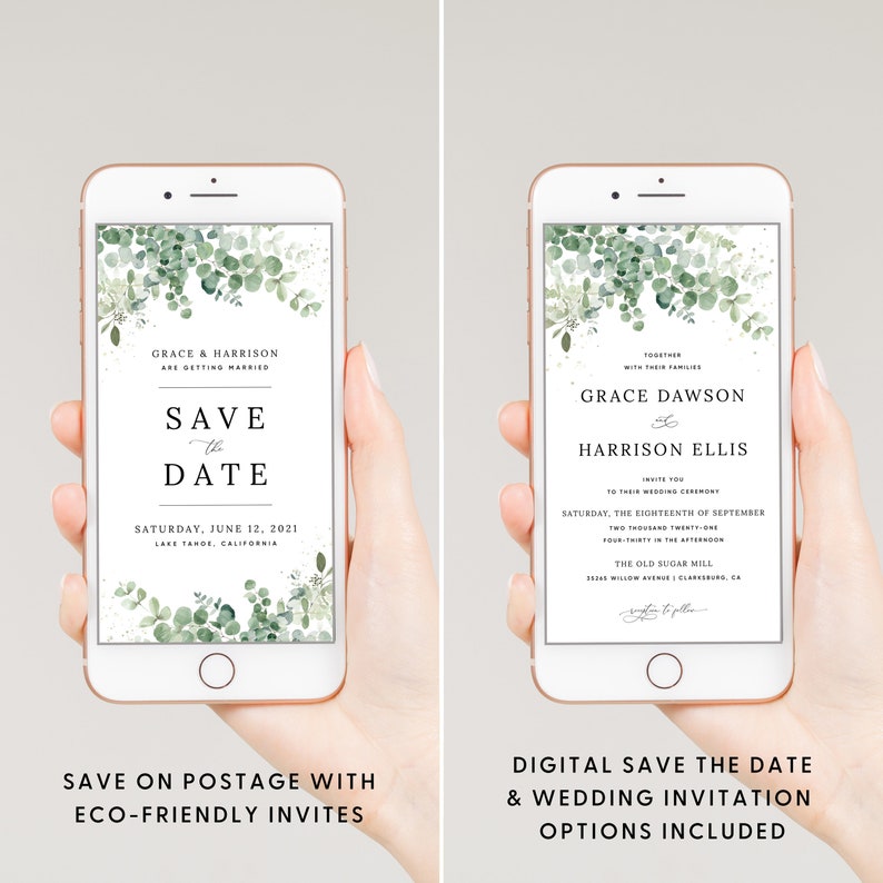 May include: A digital save the date and wedding invitation with a watercolor eucalyptus design. The text reads "Save the Date" and "Grace & Harrison are getting married" on the save the date card. The wedding invitation reads "Grace Dawson & Harrison Ellis" and includes the date and location of the wedding ceremony.