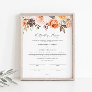 Herbst Herbst Hochzeit Heiratsurkunde Andenken, Dekorative Heiratsurkunde, druckbare Heiratsurkunde Download, Templett, #010
