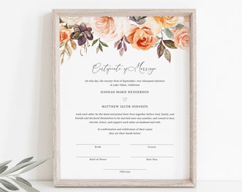Fall Autumn Wedding Marriage Certificate Keepsake, Decorative Marriage Certificate, Printable Marriage Certificate Download, Templett, #010