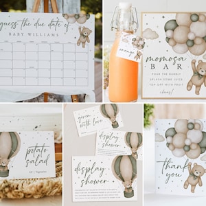 Puede incluir: Un conjunto de decoraciones imprimibles para una fiesta de baby shower con un oso de peluche marr&oacute;n en un globo aerost&aacute;tico con globos verdes y marrones. Las decoraciones incluyen un calendario para adivinar la fecha de parto, un cartel para la barra de mimosa, un cartel de agradecimiento, un cartel para la ducha de presentaci&oacute;n y un cartel para la ensalada de patatas.