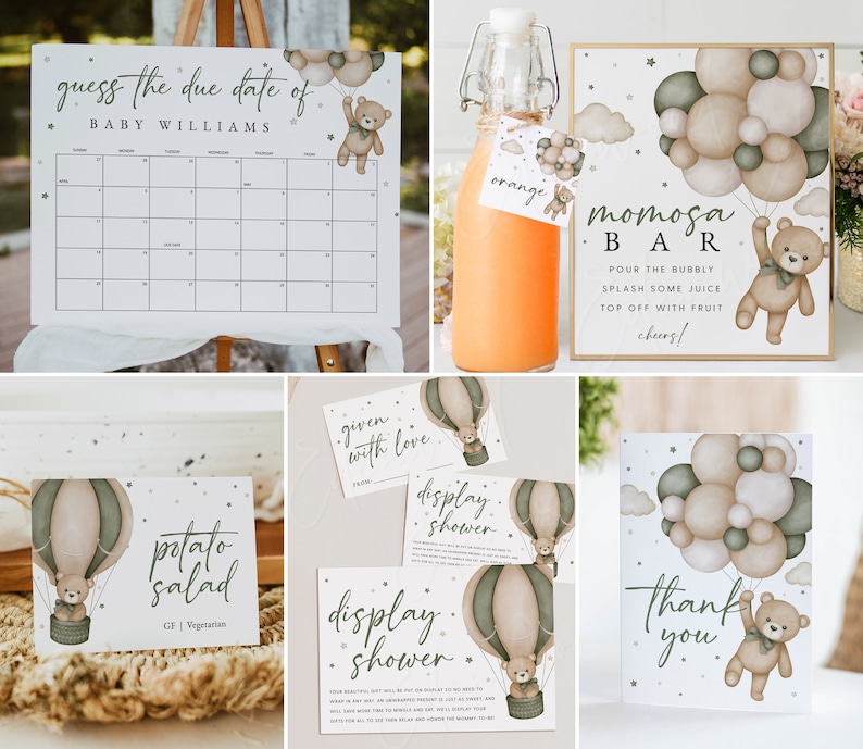 Puede incluir: Un conjunto de decoraciones imprimibles para una fiesta de baby shower con un oso de peluche marr&oacute;n en un globo aerost&aacute;tico con globos verdes y marrones. Las decoraciones incluyen un calendario para adivinar la fecha de parto, un cartel para la barra de mimosa, un cartel de agradecimiento, un cartel para la ducha de presentaci&oacute;n y un cartel para la ensalada de patatas.