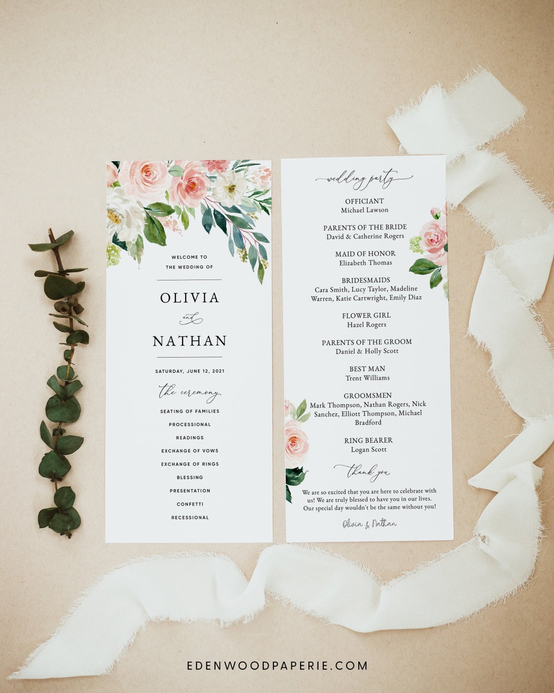 Blush Pink Rose Wedding Program Template, Pink Floral Wedding Program ...