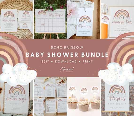 Boho Rainbow Baby Shower Bundle, Rainbow Baby Shower Invitation Bundle, Baby Shower Games Bundle, Baby Shower Signs Bundle, Templett, #06B