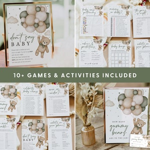 Puede incluir: Un conjunto de juegos de baby shower imprimibles con una paleta de colores neutros de marr&oacute;n, beige y verde. Los juegos incluyen "No digas beb&eacute;", "Baby Bingo", "Nombres de beb&eacute;s famosos", "&iquest;Cu&aacute;ntos ositos de goma hay en el frasco?", "Desorden de palabras para beb&eacute;s", "M&aacute;s o menos", "&iquest;Qu&eacute; hay en tu tel&eacute;fono?", "Consejos y predicciones", "Mam&aacute; o pap&aacute;", y "El precio es correcto".