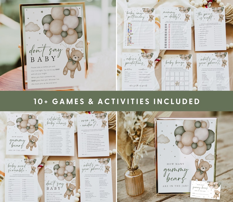 Puede incluir: Un conjunto de juegos de baby shower imprimibles con una paleta de colores neutros de marr&oacute;n, beige y verde. Los juegos incluyen "No digas beb&eacute;", "Baby Bingo", "Nombres de beb&eacute;s famosos", "&iquest;Cu&aacute;ntos ositos de goma hay en el frasco?", "Desorden de palabras para beb&eacute;s", "M&aacute;s o menos", "&iquest;Qu&eacute; hay en tu tel&eacute;fono?", "Consejos y predicciones", "Mam&aacute; o pap&aacute;", y "El precio es correcto".