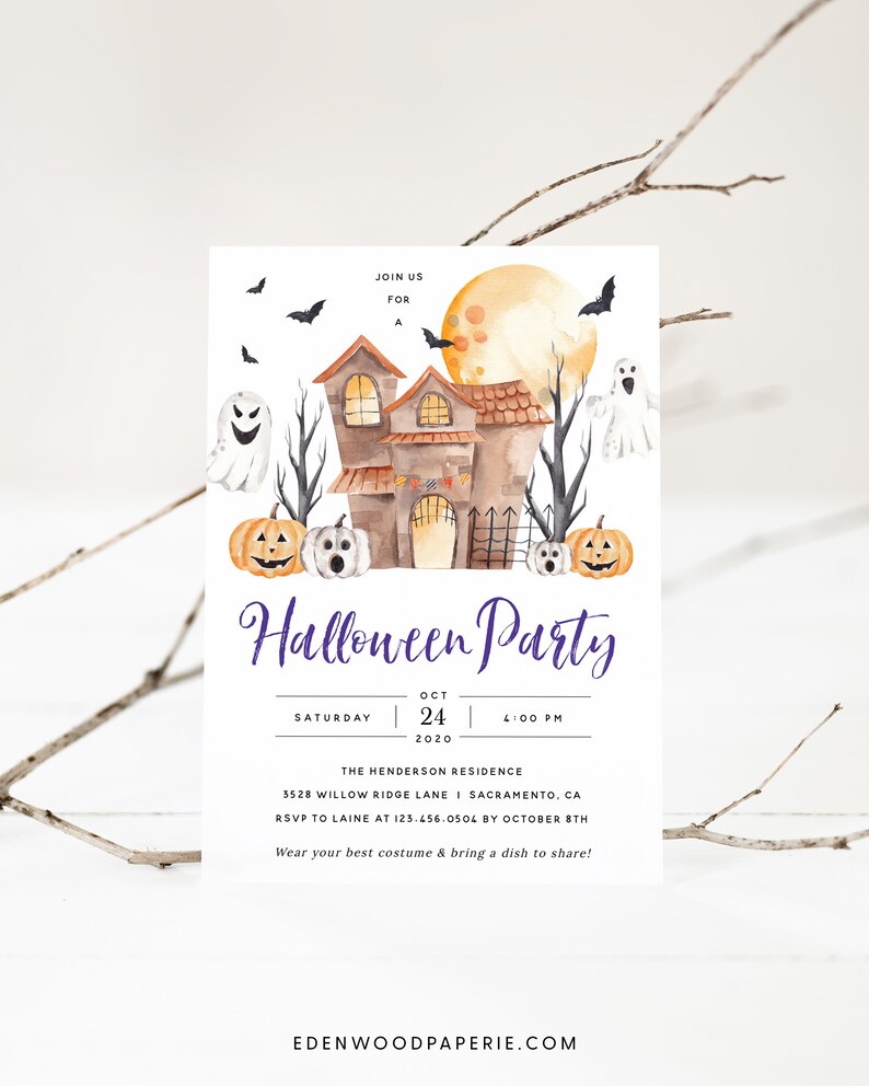 May include: Halloween party invitation with a watercolor illustration of a haunted house, pumpkins, and ghosts. The text reads "Join us for a Halloween Party" with the date and time of the party. The invitation also includes the address and RSVP information.