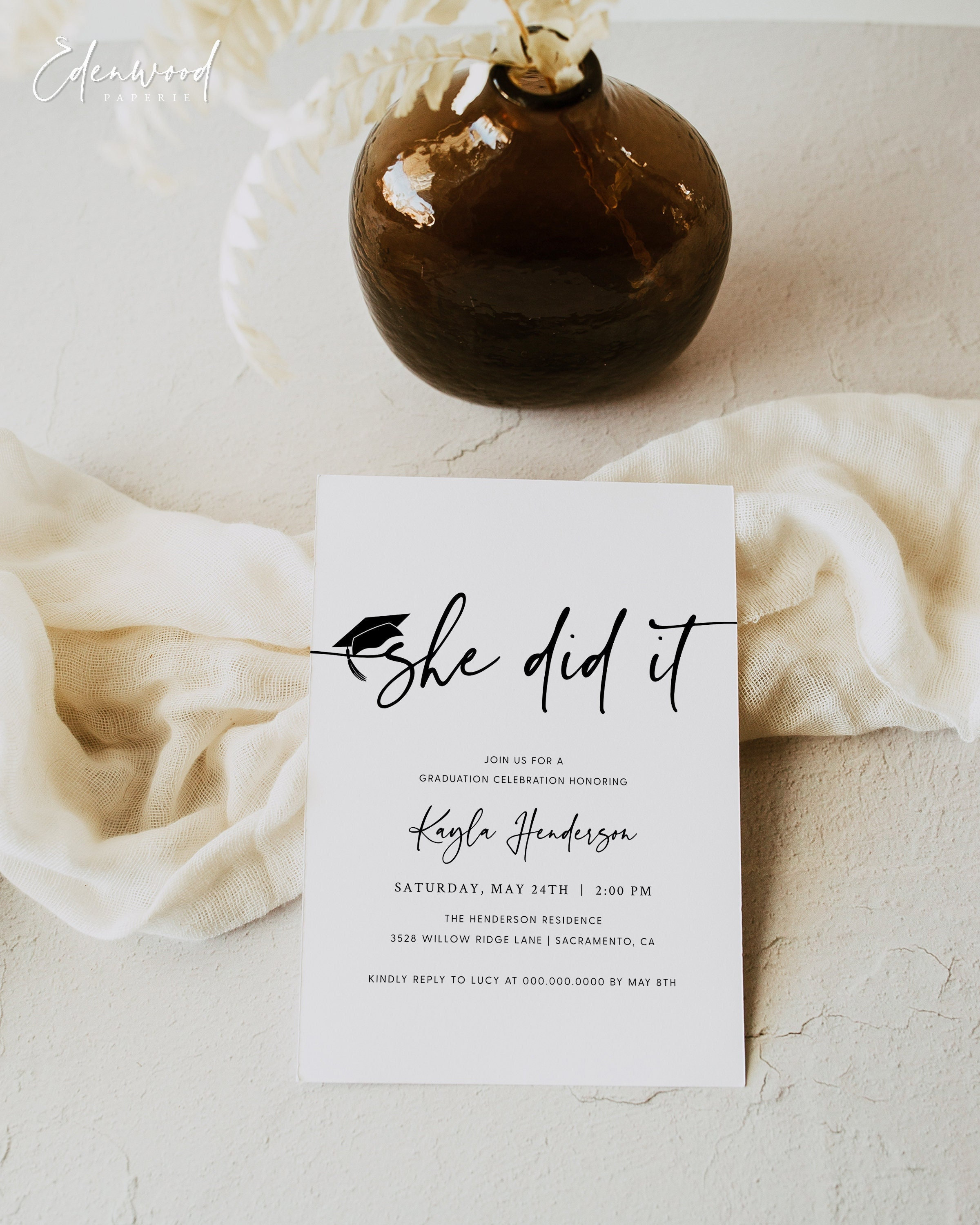 She Did It Graduation Invitation Template, Printable Graduation Party Invitation, Editable Graduation Party Invitation Download, Templett