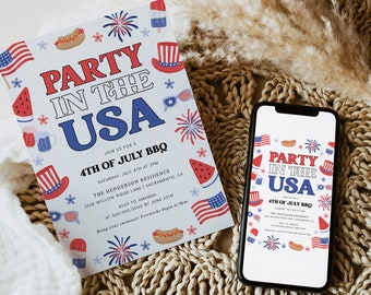 4th of July BBQ Invitation, Editable Independence Day BBQ Party Invite, Printable Patriotic Invitation Template, Templett, #J4