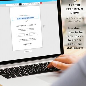 May include: A laptop computer displaying a wedding invitation template with the text "Amanda Louise and Matthew Elliott" and the date "June 29, 20xx". The text "Try the Free Demo Now!" is displayed on the right side of the screen.