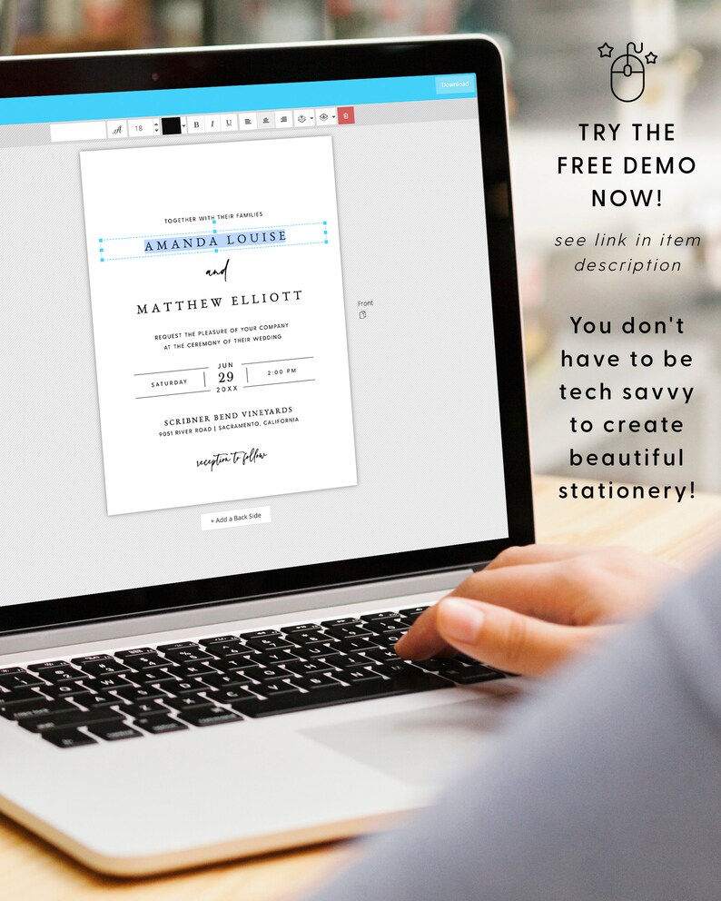 May include: A laptop computer displaying a wedding invitation template with the text "Amanda Louise and Matthew Elliott" and the date "June 29, 20xx". The text "Try the Free Demo Now!" is displayed on the right side of the screen.
