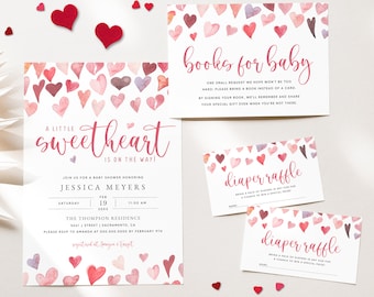 May include: A pink and white baby shower invitation with a watercolor heart design. The invitation says "A little sweetheart is on the way!" and includes the details for Jessica Meyer's baby shower. There are also two pink and white cards for a diaper raffle.