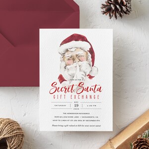 May include: A watercolor illustration of Santa Claus with his finger to his lips, inviting you to a Secret Santa Gift Exchange on December 19th, 2020 at 4:00 PM. The event will be held at The Henderson Residence, 3528 Willow Ridge Lane, Sacramento, CA. RSVP to Linda at 123-456-0504 by December 8th. Please bring a gift valued at $20 for your secret Santa.