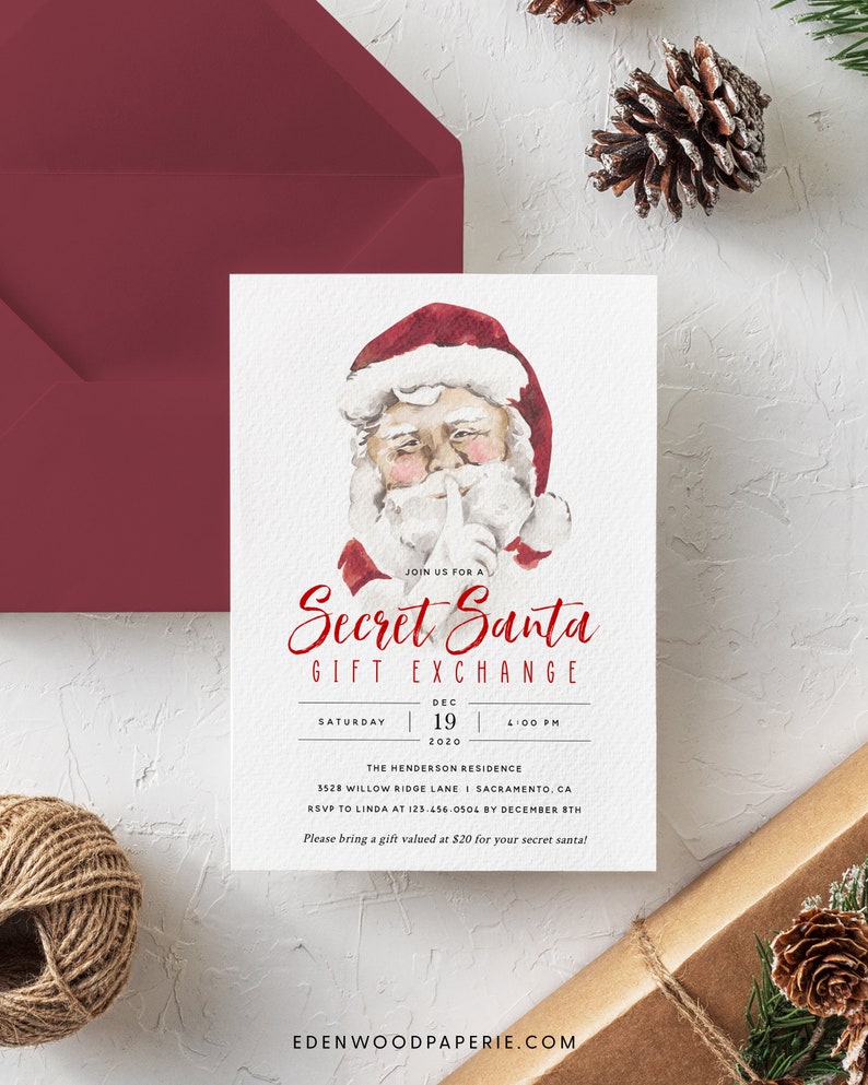 May include: A watercolor illustration of Santa Claus with his finger to his lips, inviting you to a Secret Santa Gift Exchange on December 19th, 2020 at 4:00 PM. The event will be held at The Henderson Residence, 3528 Willow Ridge Lane, Sacramento, CA. RSVP to Linda at 123-456-0504 by December 8th. Please bring a gift valued at $20 for your secret Santa.