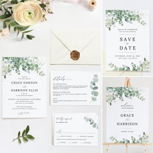 Eucalyptus Greenery Wedding Template Bundle, Boho Wedding Invitation Set, Printable Wedding Suite Download, Templett Wedding Set, 002 image 2