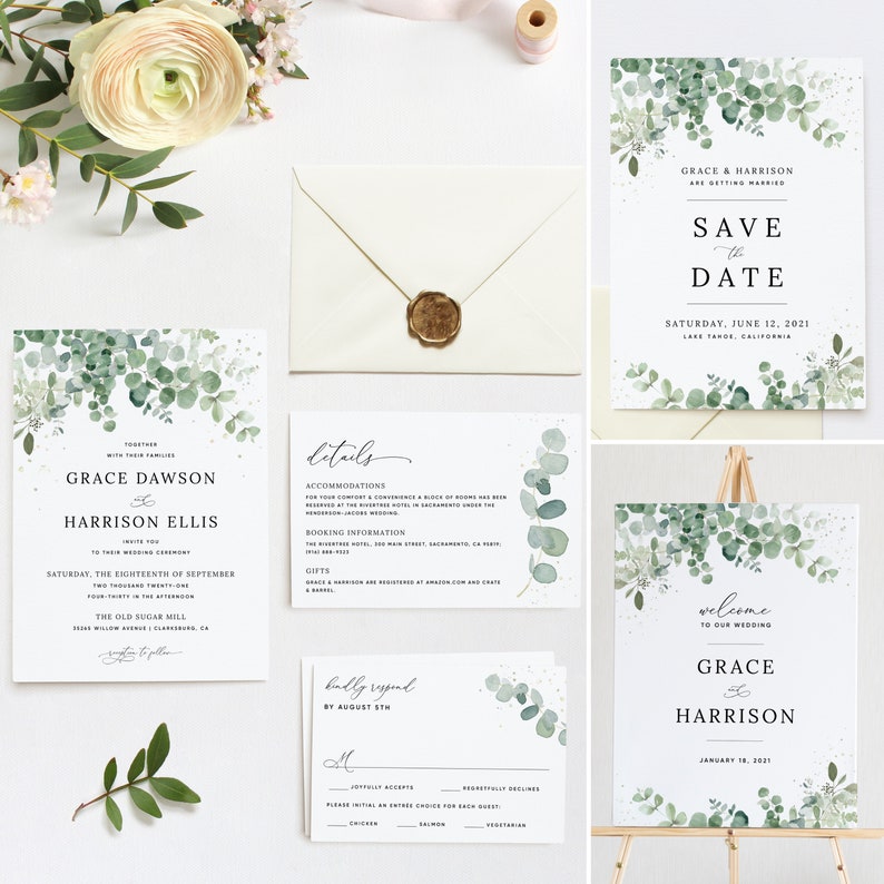 May include: Wedding invitation suite with a watercolor eucalyptus design. The invitation features the couple's names, wedding date, and location. The save the date card features a similar design with the text "Save the Date" and the wedding date. The welcome sign features the couple's names and wedding date.