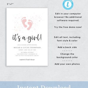 Pu&ograve; includere: Impronte di piedi di bambino rosa su uno sfondo bianco con il testo "it's a girl!"  Unisciti a noi per la festa in onore di Megan & Lucas Thompson. Domenica 14 giugno alle 11:00. La residenza Campbell. 2000 Seneca Street Sacramento, CA. RSVP a Lydia al 000 000 0000 entro l'8 giugno. Registrato presso Target & Amazon.  Modello modificabile per un invito a una festa di nascita.