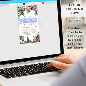 May include: A digital design template for a Christmas party invitation. The invitation features a watercolor illustration of a wreath with holly berries and leaves. The text on the invitation reads "Join us for a Christmas Party" and includes the date, time, and location of the party.