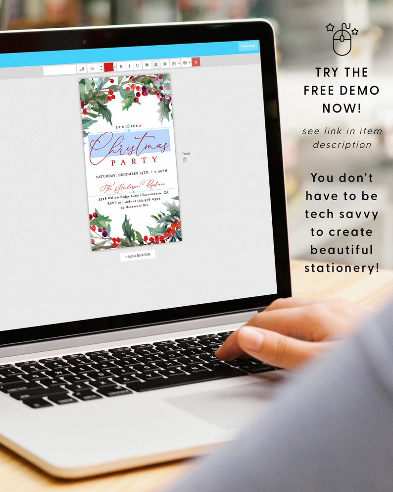 May include: A digital design template for a Christmas party invitation. The invitation features a watercolor illustration of a wreath with holly berries and leaves. The text on the invitation reads "Join us for a Christmas Party" and includes the date, time, and location of the party.