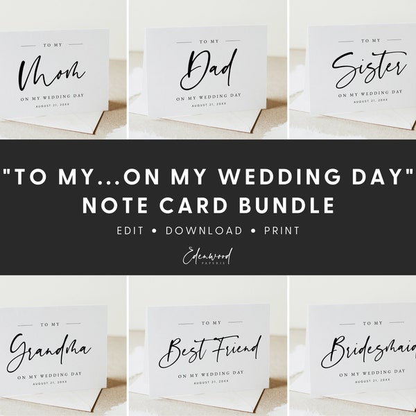 On My Wedding Day Note Cards Bundle, To My Mother On My Wedding Day Card, To My Sister On My Wedding Day, Wedding Day Note Cards, Templett