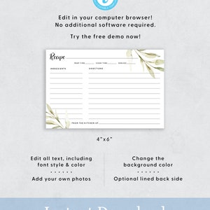 May include: Editable recipe template with a watercolor leaf design. The template includes sections for ingredients, prep time, cook time, servings, and directions. The template is 4 inches by 6 inches.