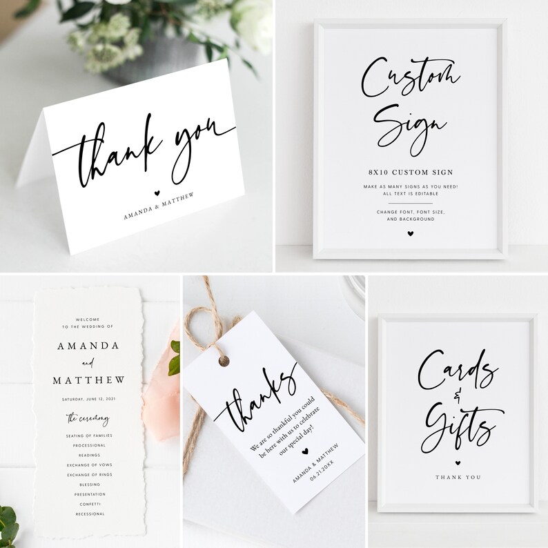 Puede incluir: Un conjunto de carteles de boda imprimibles con texto en caligraf&iacute;a negra sobre fondo blanco. Los carteles incluyen "Gracias", "Cartel personalizado", "Gracias" y "Tarjetas y regalos".