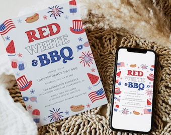 Invito per barbecue del 4 luglio, invito per il Giorno dell'Indipendenza con barbecue e tema rosso, bianco e barbecue, modello di invito patriottico stampabile, Templett, #J4