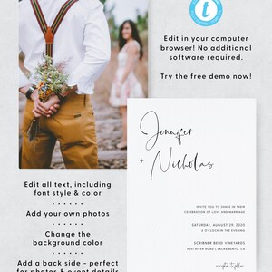 May include: A wedding invitation template with a white background and black text. The text includes the names "Jennifer + Nicholas", the date "Saturday, August 29, 2020", and the location "Scribner Bend Vineyards, 9051 River Road | Sacramento, CA".
