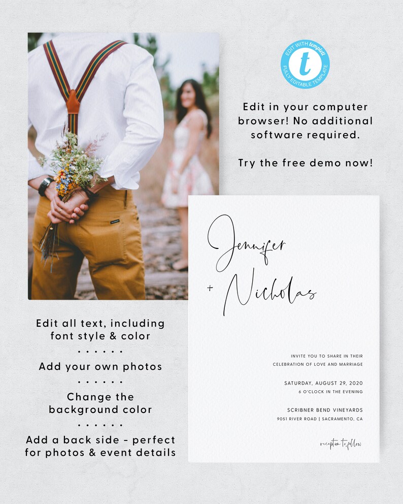 May include: A wedding invitation template with a white background and black text. The text includes the names "Jennifer + Nicholas", the date "Saturday, August 29, 2020", and the location "Scribner Bend Vineyards, 9051 River Road | Sacramento, CA".