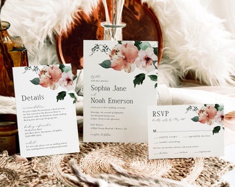 Elegant Wedding Invitation Suite Template, Floral Wedding Invitation Set Download, Printable Wedding Invitation Bundle, Templett, #026