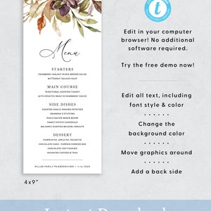 K&ouml;nnte beinhalten: Editierbare Thanksgiving-Men&uuml;vorlage mit einem Aquarell-Blumenmuster. Das Men&uuml; umfasst Vorspeisen, Hauptgericht, Beilagen, Dessert und einen Hinweis auf das Friendsgiving der Familie Miller am 11.14.2020. Die Vorlage ist 4x9 Zoll gro&szlig;.