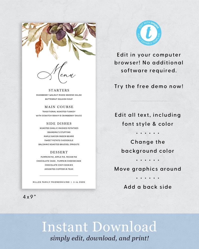 K&ouml;nnte beinhalten: Editierbare Thanksgiving-Men&uuml;vorlage mit einem Aquarell-Blumenmuster. Das Men&uuml; umfasst Vorspeisen, Hauptgericht, Beilagen, Dessert und einen Hinweis auf das Friendsgiving der Familie Miller am 11.14.2020. Die Vorlage ist 4x9 Zoll gro&szlig;.