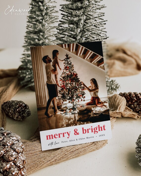 Merry and Bright Photo Christmas Card Template, Minimalist Photo Christmas Card, Custom Photo Christmas Card, Instant Download, Templett